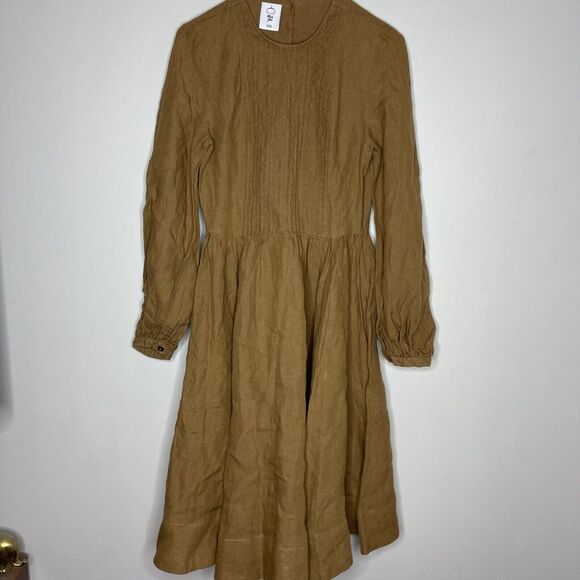 Son De Flor Brown Long Sleeve Linen Pleated Smocked Midi Dress XXS 2XS‎ - Picture 1 of 8